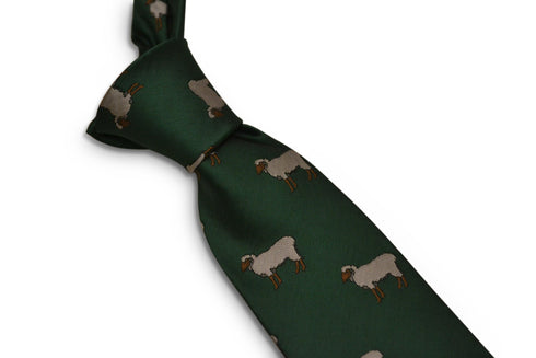 green tie with sheep embroidered design
